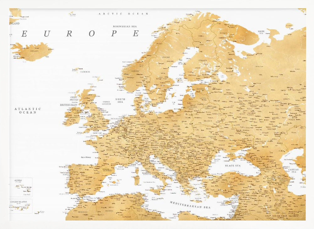 A framed map of Europe featuring golden landmasses on a crisp white background. The map includes country names, major cities, and bodies of water, all presented in a clean, modern font. The artwork is enclosed in a simple, light gray frame. Print
