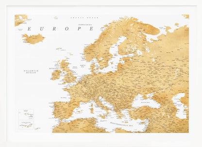 A framed map of Europe featuring golden landmasses on a crisp white background. The map includes country names, major cities, and bodies of water, all presented in a clean, modern font. The artwork is enclosed in a simple, light gray frame. Print