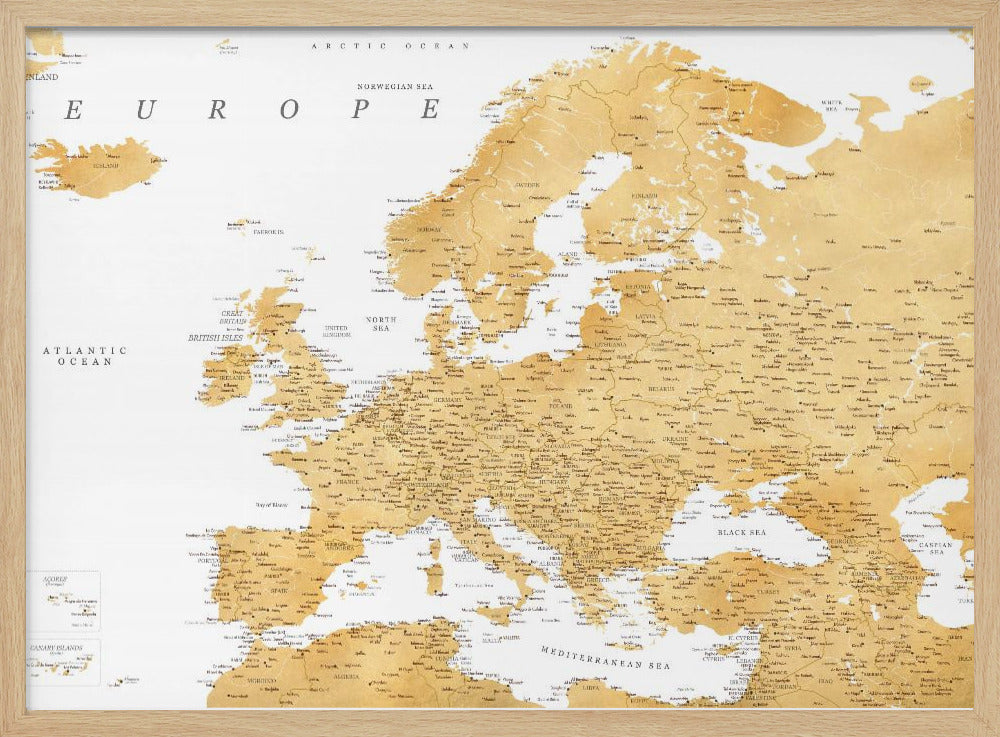 A framed map of Europe featuring golden landmasses on a crisp white background. The map includes country names, major cities, and bodies of water, all presented in a clean, modern font. The artwork is enclosed in a simple, light gray frame. Print