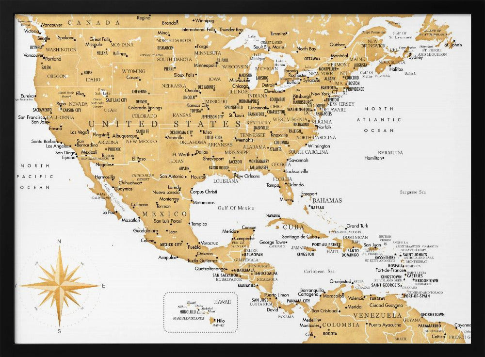 A stylized map of North and Central America and the Caribbean, featuring gold-colored landmasses on a light gray, textured background. Countries, states, and major cities are labeled in black text. A compass rose is shown in the lower-left corner. The entire map is enclosed in a light gray frame. Decor