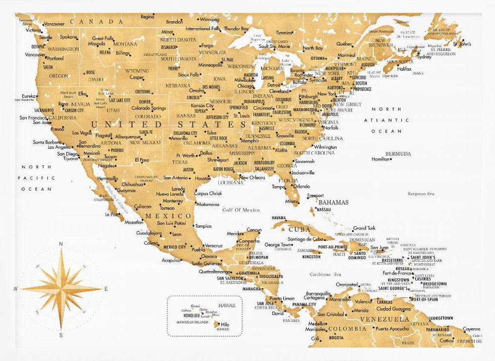 A stylized map of North and Central America and the Caribbean, featuring gold-colored landmasses on a light gray, textured background. Countries, states, and major cities are labeled in black text. A compass rose is shown in the lower-left corner. The entire map is enclosed in a light gray frame. Decor