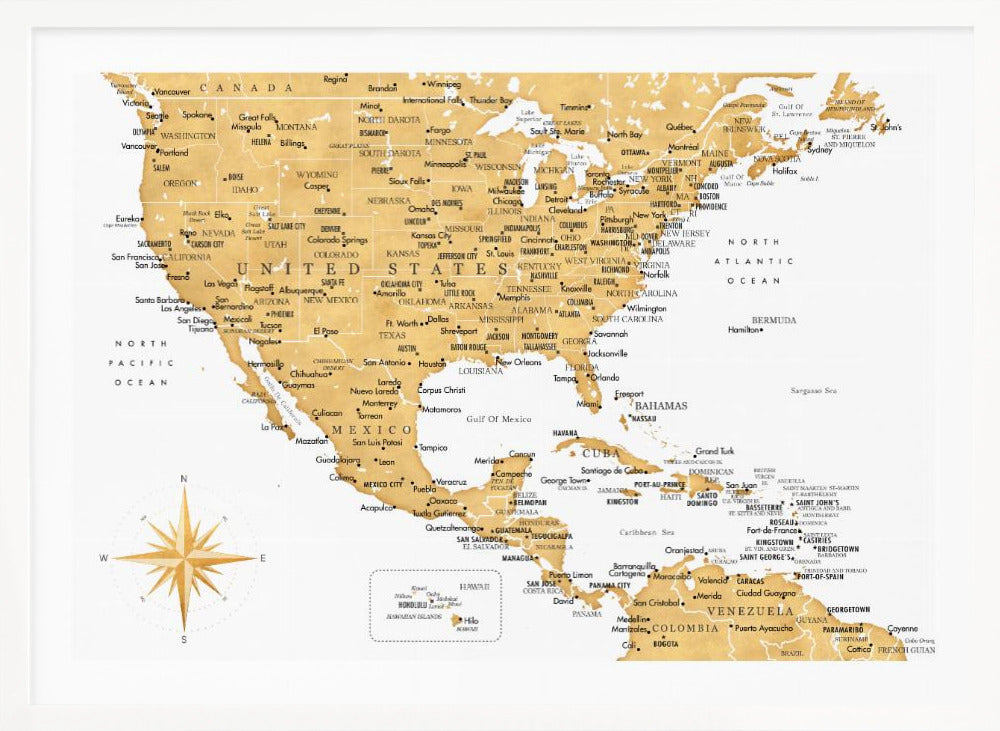 A stylized map of North and Central America and the Caribbean, featuring gold-colored landmasses on a light gray, textured background. Countries, states, and major cities are labeled in black text. A compass rose is shown in the lower-left corner. The entire map is enclosed in a light gray frame. Decor