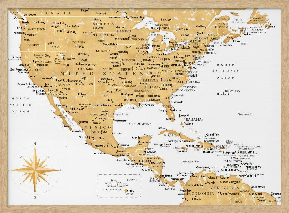 A stylized map of North and Central America and the Caribbean, featuring gold-colored landmasses on a light gray, textured background. Countries, states, and major cities are labeled in black text. A compass rose is shown in the lower-left corner. The entire map is enclosed in a light gray frame. Decor