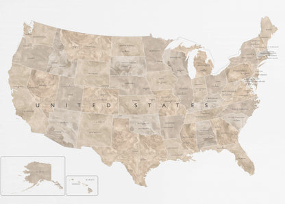 A framed map of the United States with a textured, marbled design in shades of brown and tan. Each state is outlined and labeled, and the words 'UNITED STATES' are displayed across the center. Alaska and Hawaii are shown in separate insets. The map is set against a white background and enclosed in a light gray frame. Artwork