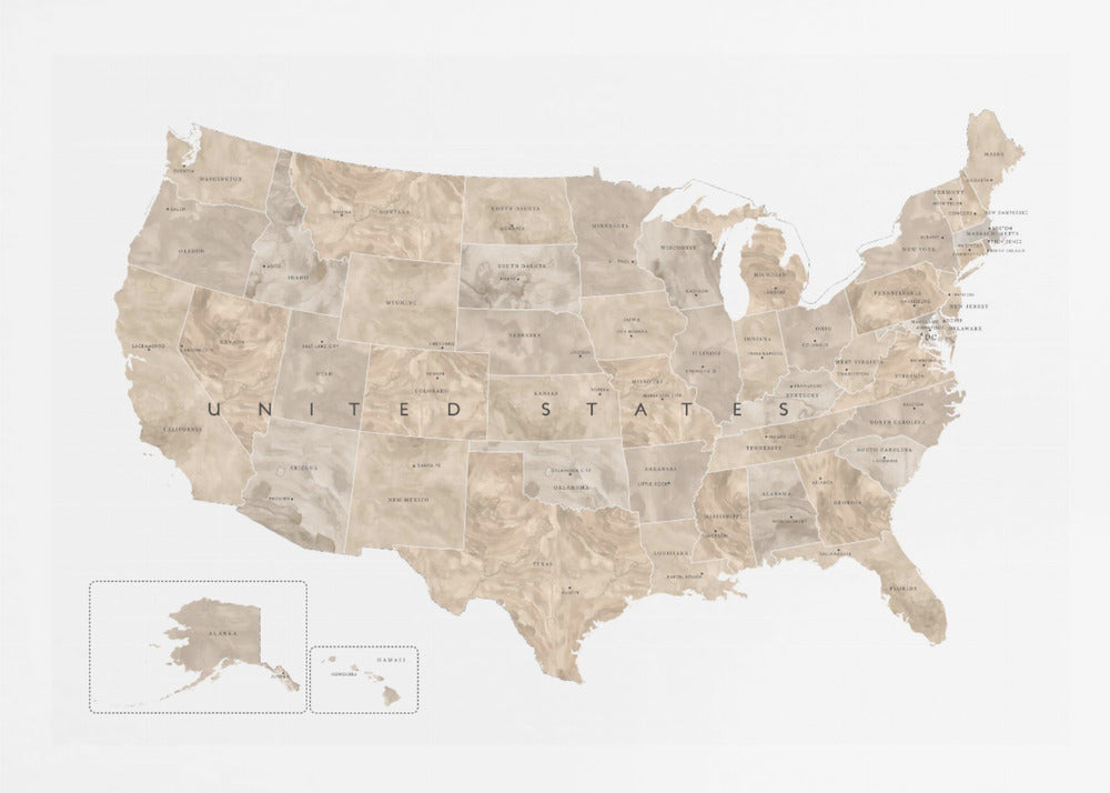 A framed map of the United States with a textured, marbled design in shades of brown and tan. Each state is outlined and labeled, and the words 'UNITED STATES' are displayed across the center. Alaska and Hawaii are shown in separate insets. The map is set against a white background and enclosed in a light gray frame. Artwork