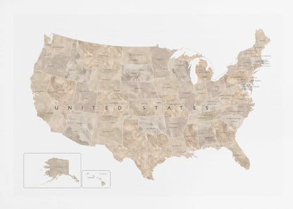 A framed map of the United States with a textured, marbled design in shades of brown and tan. Each state is outlined and labeled, and the words 'UNITED STATES' are displayed across the center. Alaska and Hawaii are shown in separate insets. The map is set against a white background and enclosed in a light gray frame. Artwork