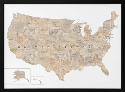 A framed map of the United States with a textured, marbled design in shades of brown and tan. Each state is outlined and labeled, and the words 'UNITED STATES' are displayed across the center. Alaska and Hawaii are shown in separate insets. The map is set against a white background and enclosed in a light gray frame. Artwork