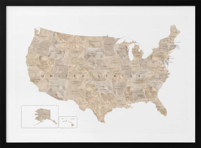 A framed map of the United States with a textured, marbled design in shades of brown and tan. Each state is outlined and labeled, and the words 'UNITED STATES' are displayed across the center. Alaska and Hawaii are shown in separate insets. The map is set against a white background and enclosed in a light gray frame. Artwork