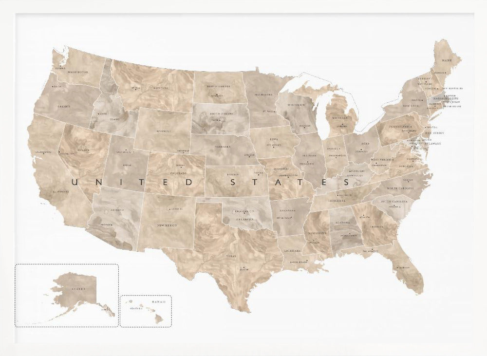 A framed map of the United States with a textured, marbled design in shades of brown and tan. Each state is outlined and labeled, and the words 'UNITED STATES' are displayed across the center. Alaska and Hawaii are shown in separate insets. The map is set against a white background and enclosed in a light gray frame. Artwork