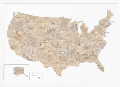 A framed map of the United States with a textured, marbled design in shades of brown and tan. Each state is outlined and labeled, and the words 'UNITED STATES' are displayed across the center. Alaska and Hawaii are shown in separate insets. The map is set against a white background and enclosed in a light gray frame. Artwork