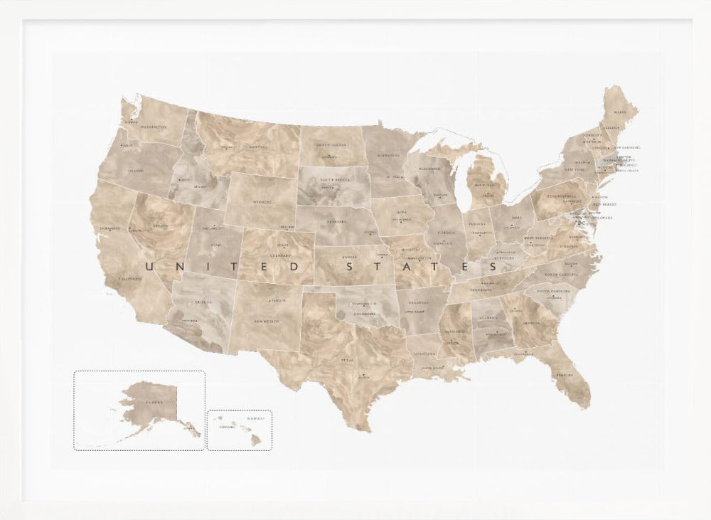 A framed map of the United States with a textured, marbled design in shades of brown and tan. Each state is outlined and labeled, and the words 'UNITED STATES' are displayed across the center. Alaska and Hawaii are shown in separate insets. The map is set against a white background and enclosed in a light gray frame. Artwork