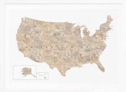 A framed map of the United States with a textured, marbled design in shades of brown and tan. Each state is outlined and labeled, and the words 'UNITED STATES' are displayed across the center. Alaska and Hawaii are shown in separate insets. The map is set against a white background and enclosed in a light gray frame. Artwork