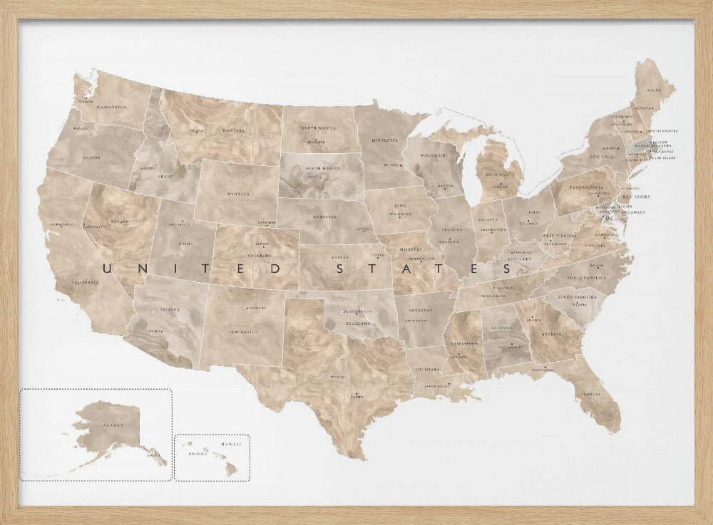 A framed map of the United States with a textured, marbled design in shades of brown and tan. Each state is outlined and labeled, and the words 'UNITED STATES' are displayed across the center. Alaska and Hawaii are shown in separate insets. The map is set against a white background and enclosed in a light gray frame. Artwork
