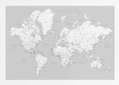 A detailed world map in Spanish with a monochromatic color scheme, framed in a light gray wooden frame. The continents are shown in white on a light gray ocean background, with countries and numerous cities labeled in black text. Artwork