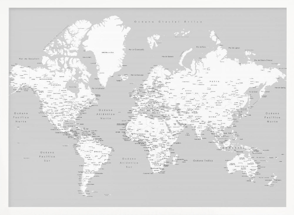 A detailed world map in Spanish with a monochromatic color scheme, framed in a light gray wooden frame. The continents are shown in white on a light gray ocean background, with countries and numerous cities labeled in black text. Artwork