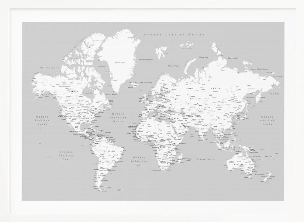 A detailed world map in Spanish with a monochromatic color scheme, framed in a light gray wooden frame. The continents are shown in white on a light gray ocean background, with countries and numerous cities labeled in black text. Artwork