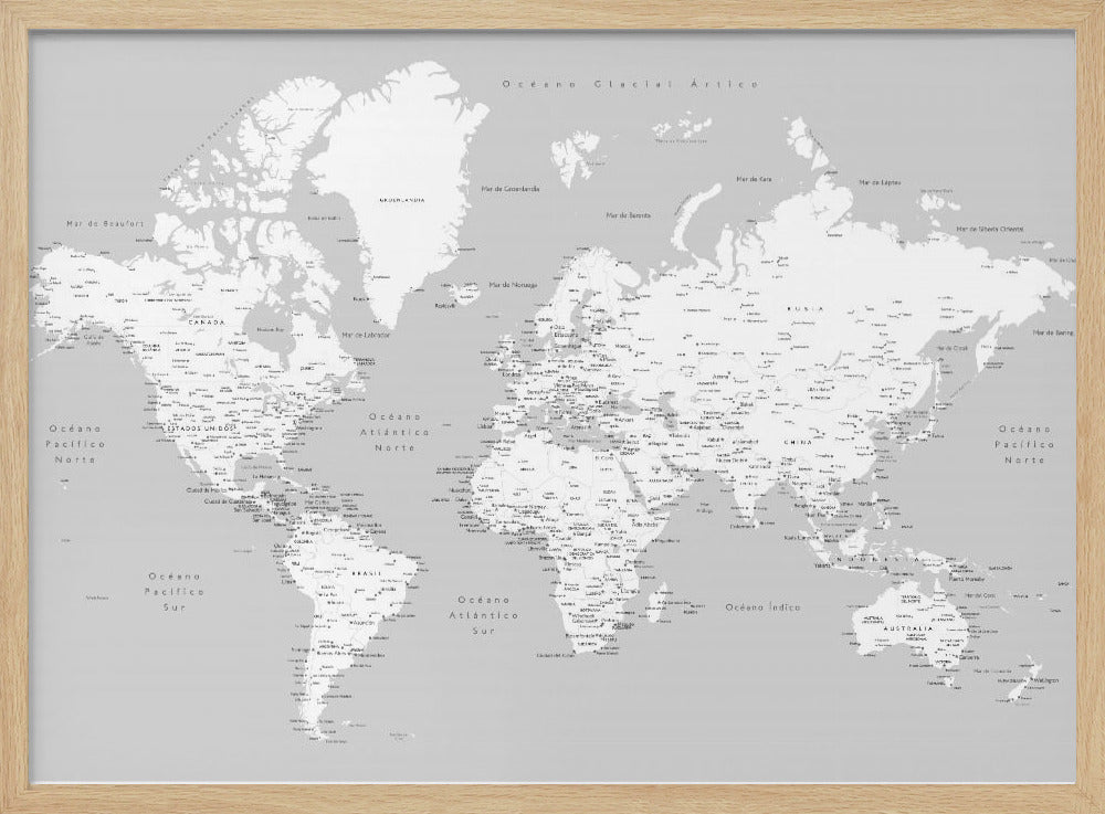 A detailed world map in Spanish with a monochromatic color scheme, framed in a light gray wooden frame. The continents are shown in white on a light gray ocean background, with countries and numerous cities labeled in black text. Artwork
