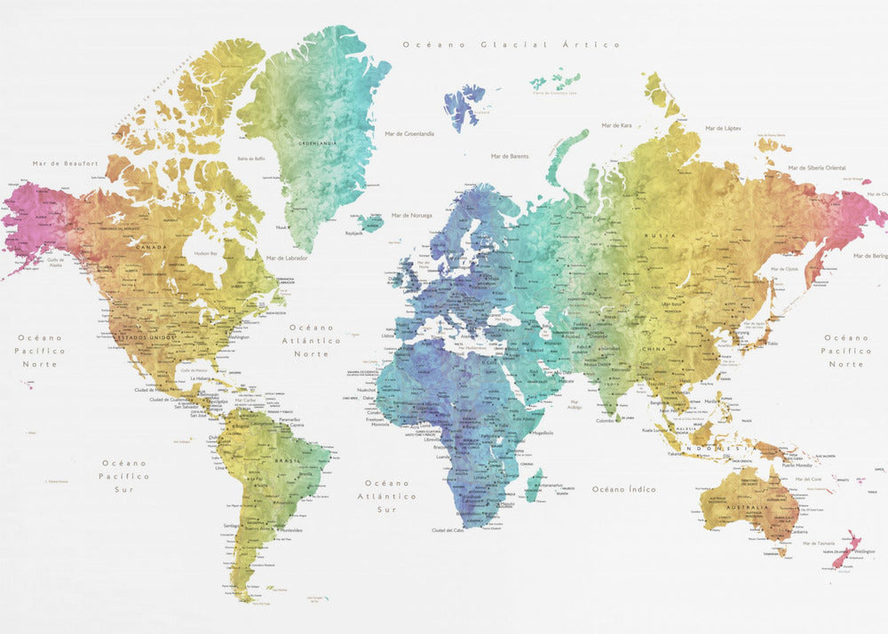 A colorful world map with a watercolor texture, framed in a light gray frame. The continents are shaded with a rainbow gradient, transitioning from pink and orange on the left to yellow, green, and blue in the center, and back to yellow and orange on the right. The oceans are white, and the map features geographical labels in Spanish. Wall Art