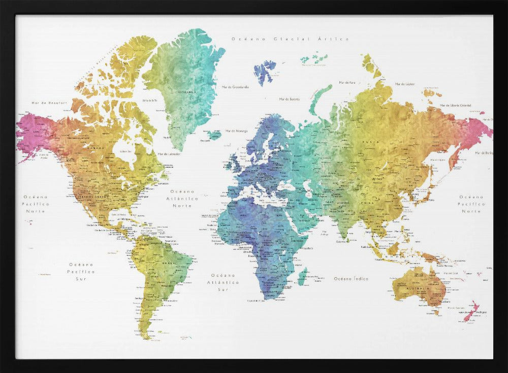 A colorful world map with a watercolor texture, framed in a light gray frame. The continents are shaded with a rainbow gradient, transitioning from pink and orange on the left to yellow, green, and blue in the center, and back to yellow and orange on the right. The oceans are white, and the map features geographical labels in Spanish. Wall Art