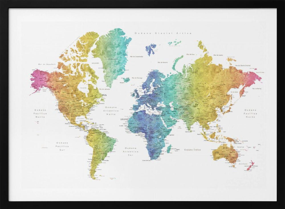 A colorful world map with a watercolor texture, framed in a light gray frame. The continents are shaded with a rainbow gradient, transitioning from pink and orange on the left to yellow, green, and blue in the center, and back to yellow and orange on the right. The oceans are white, and the map features geographical labels in Spanish. Wall Art