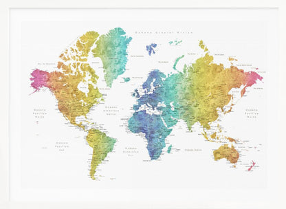 A colorful world map with a watercolor texture, framed in a light gray frame. The continents are shaded with a rainbow gradient, transitioning from pink and orange on the left to yellow, green, and blue in the center, and back to yellow and orange on the right. The oceans are white, and the map features geographical labels in Spanish. Wall Art