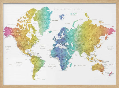 A colorful world map with a watercolor texture, framed in a light gray frame. The continents are shaded with a rainbow gradient, transitioning from pink and orange on the left to yellow, green, and blue in the center, and back to yellow and orange on the right. The oceans are white, and the map features geographical labels in Spanish. Wall Art
