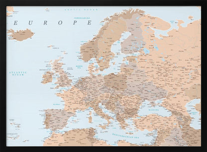 A detailed political map of Europe with countries and cities labeled, presented in a muted color palette of beige and brown for land and light blue for water, all within a light gray frame. Decor