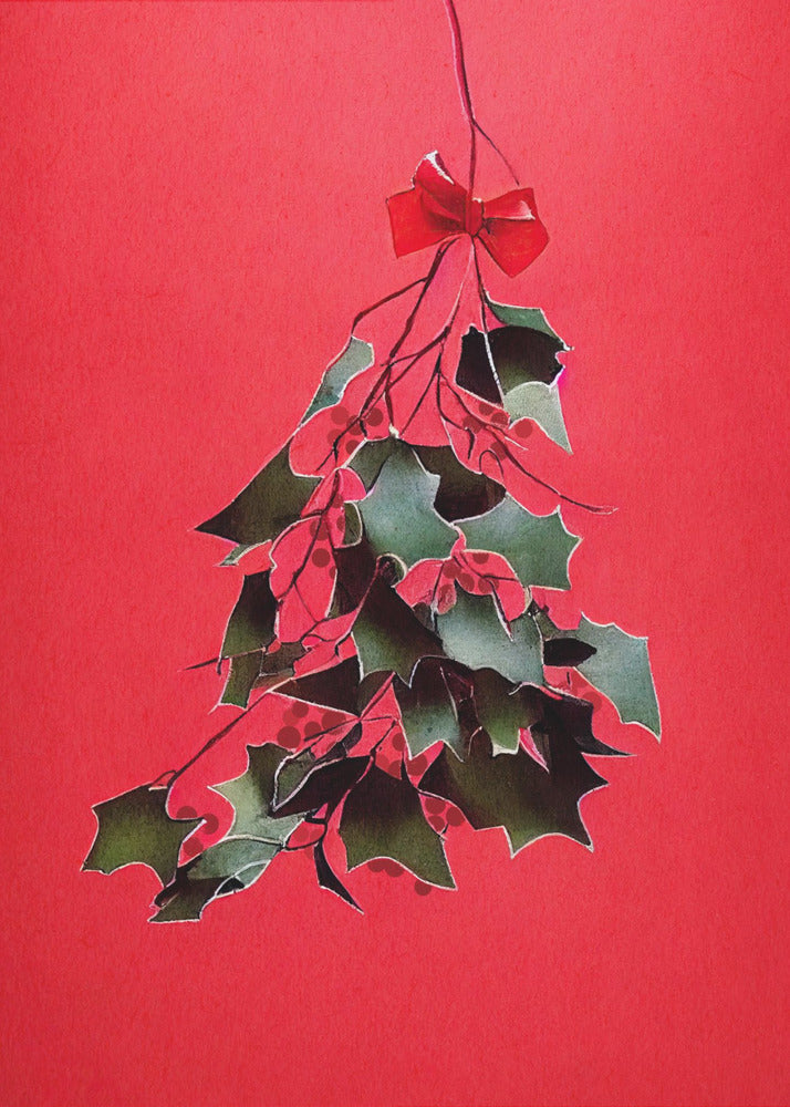 A festive illustration of a bunch of green holly with red berries hanging upside down, tied with a small red bow. The artwork is set against a solid, bright red background and enclosed in a thin black frame. Print