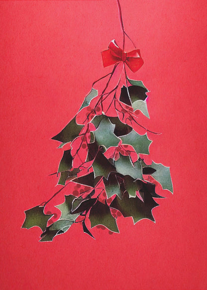 A festive illustration of a bunch of green holly with red berries hanging upside down, tied with a small red bow. The artwork is set against a solid, bright red background and enclosed in a thin black frame. Print