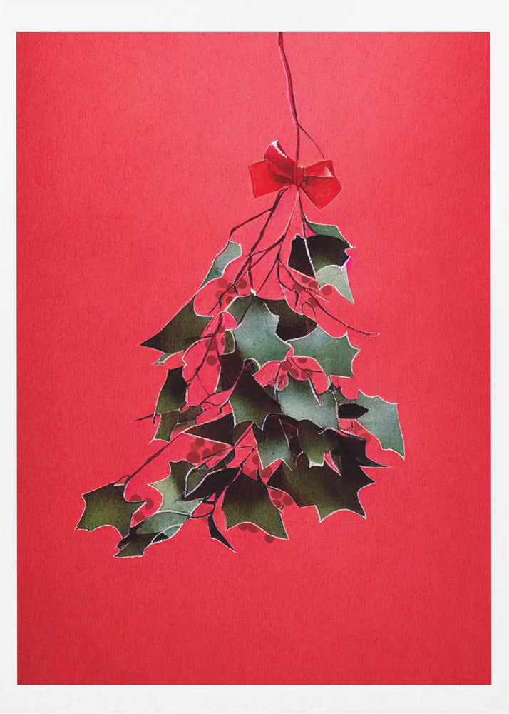 A festive illustration of a bunch of green holly with red berries hanging upside down, tied with a small red bow. The artwork is set against a solid, bright red background and enclosed in a thin black frame. Print