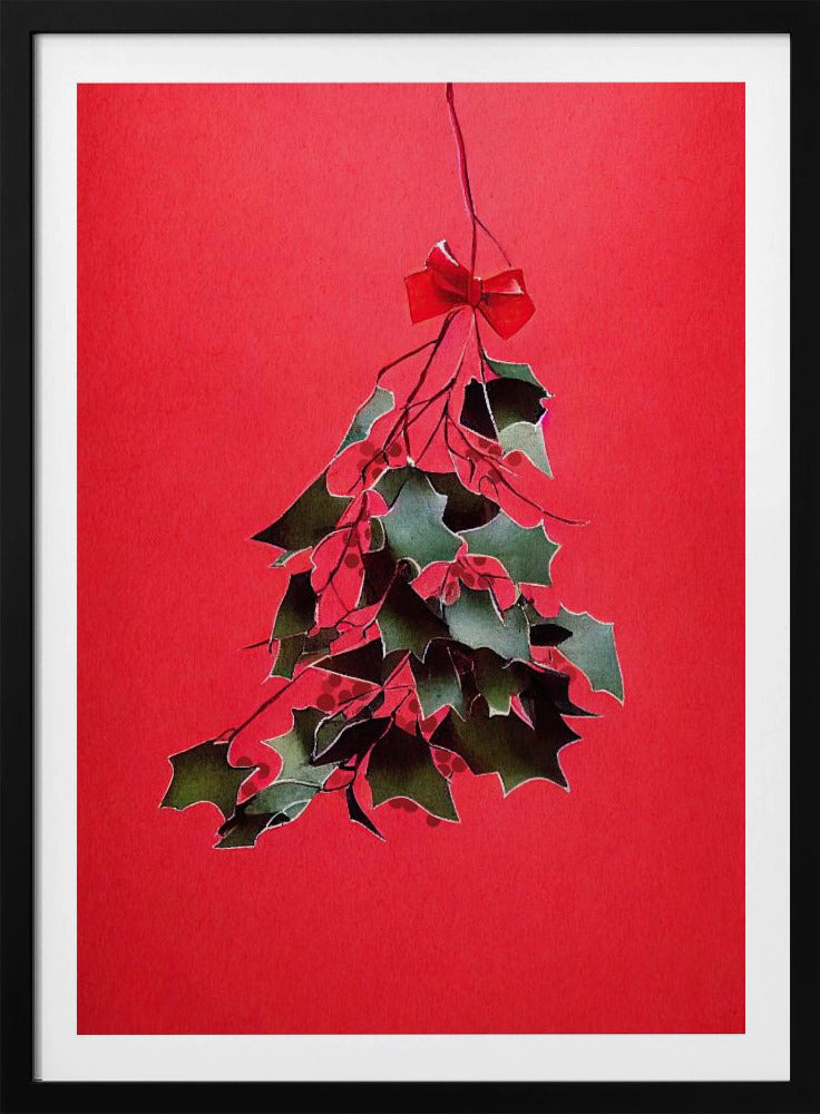 A festive illustration of a bunch of green holly with red berries hanging upside down, tied with a small red bow. The artwork is set against a solid, bright red background and enclosed in a thin black frame. Print
