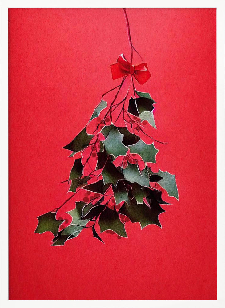A festive illustration of a bunch of green holly with red berries hanging upside down, tied with a small red bow. The artwork is set against a solid, bright red background and enclosed in a thin black frame. Print