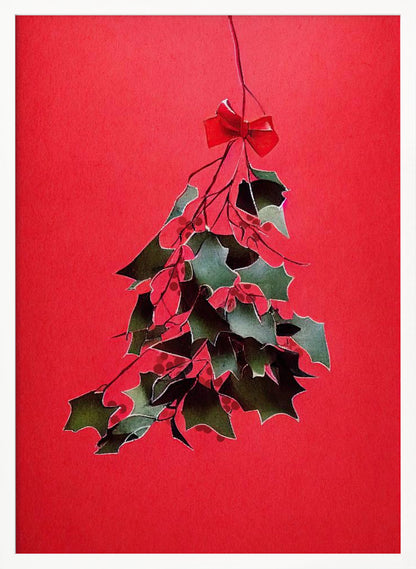A festive illustration of a bunch of green holly with red berries hanging upside down, tied with a small red bow. The artwork is set against a solid, bright red background and enclosed in a thin black frame. Print