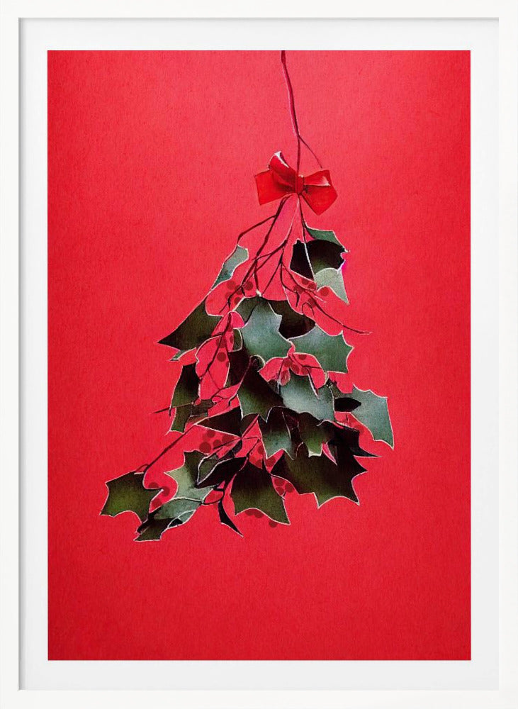 A festive illustration of a bunch of green holly with red berries hanging upside down, tied with a small red bow. The artwork is set against a solid, bright red background and enclosed in a thin black frame. Print