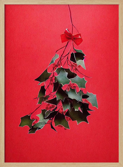 A festive illustration of a bunch of green holly with red berries hanging upside down, tied with a small red bow. The artwork is set against a solid, bright red background and enclosed in a thin black frame. Print
