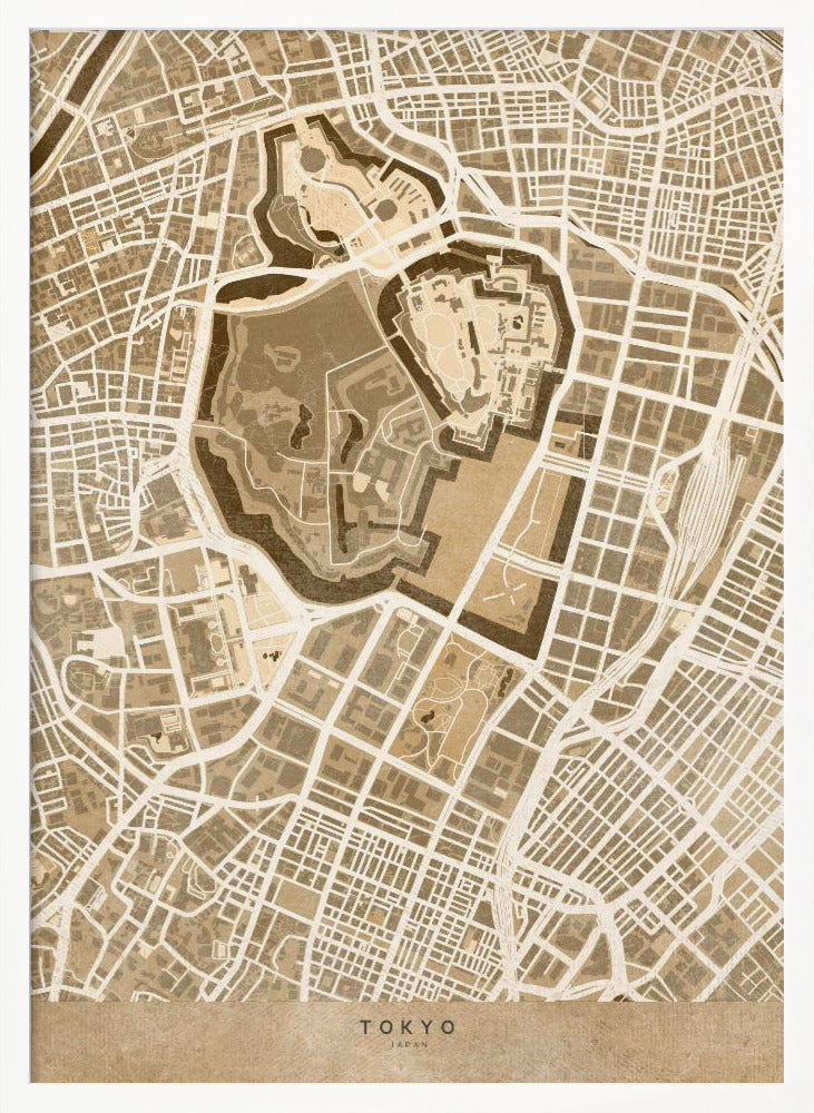 A vintage-style, framed map of Tokyo, Japan, in shades of brown and beige. The map showcases the city's intricate street grid with a focus on a central fortified area, likely the Imperial Palace. The words 'TOKYO' and 'JAPAN' are written at the bottom. Print