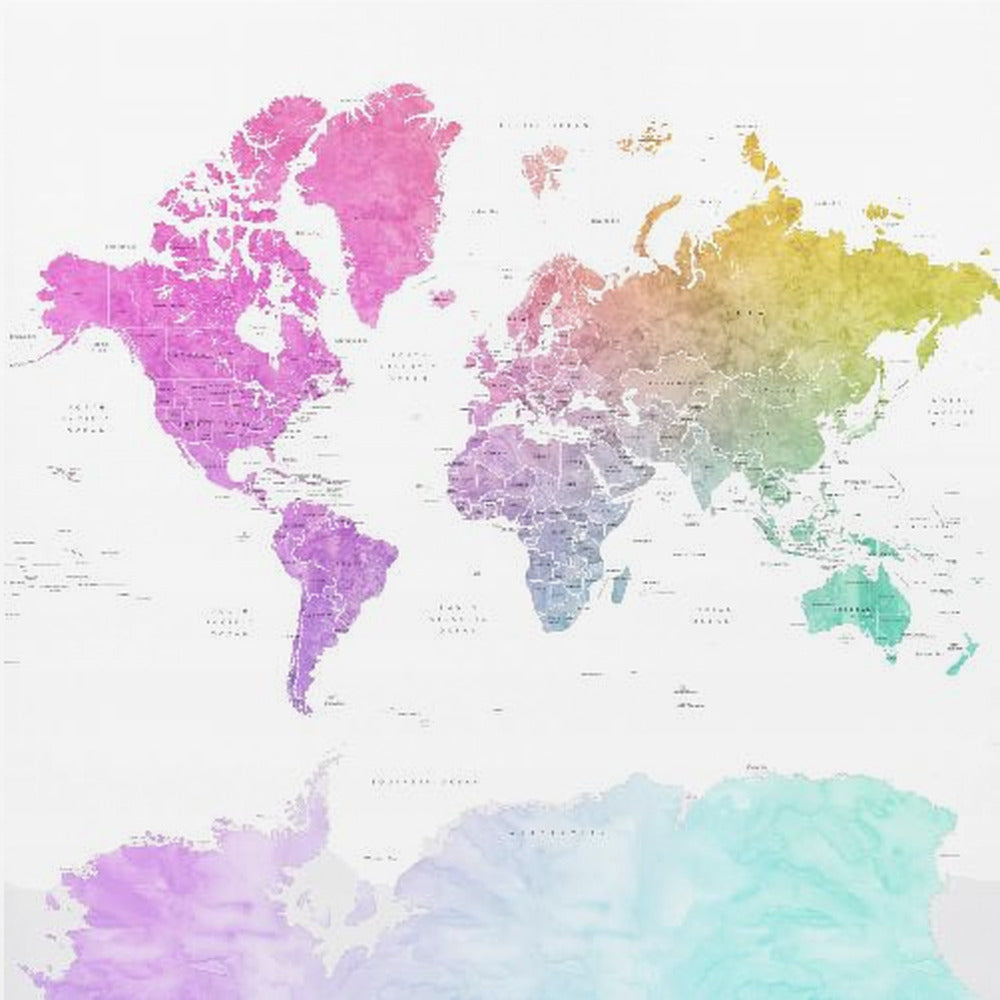 A framed art print of a world map featuring a colorful watercolor effect. The continents are painted in a rainbow gradient, transitioning from pink and purple in the Americas to yellow, green, and teal across Europe, Asia, Australia, and Antarctica, all set against a clean white background. Print
