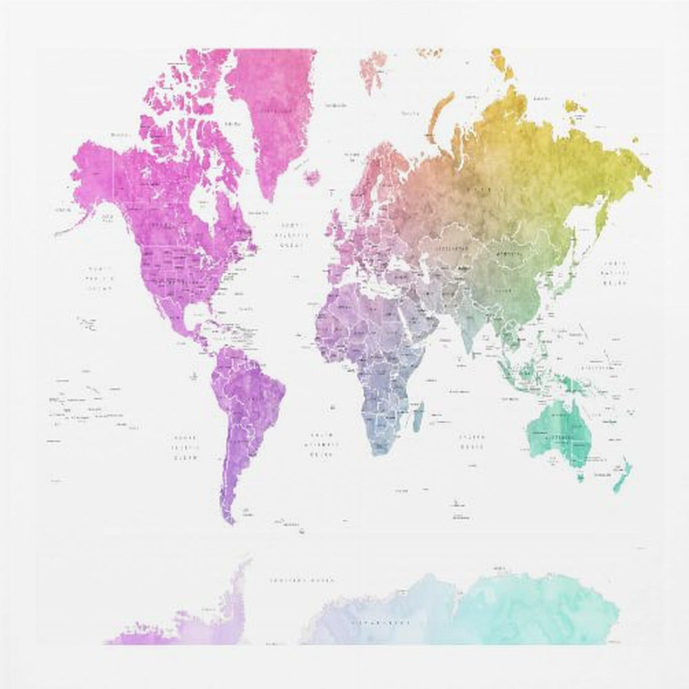 A framed art print of a world map featuring a colorful watercolor effect. The continents are painted in a rainbow gradient, transitioning from pink and purple in the Americas to yellow, green, and teal across Europe, Asia, Australia, and Antarctica, all set against a clean white background. Print