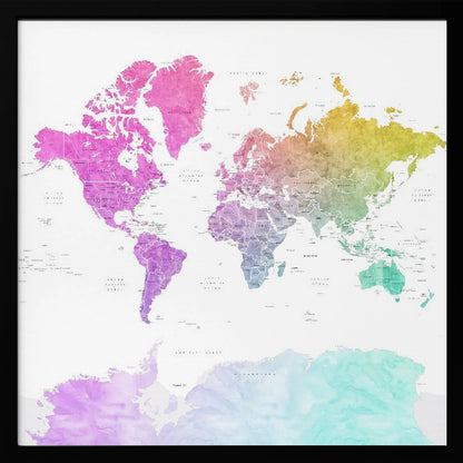 A framed art print of a world map featuring a colorful watercolor effect. The continents are painted in a rainbow gradient, transitioning from pink and purple in the Americas to yellow, green, and teal across Europe, Asia, Australia, and Antarctica, all set against a clean white background. Print