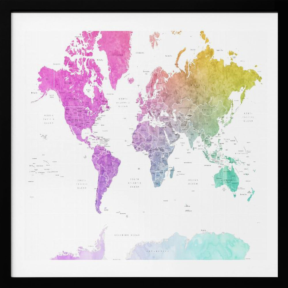 A framed art print of a world map featuring a colorful watercolor effect. The continents are painted in a rainbow gradient, transitioning from pink and purple in the Americas to yellow, green, and teal across Europe, Asia, Australia, and Antarctica, all set against a clean white background. Print