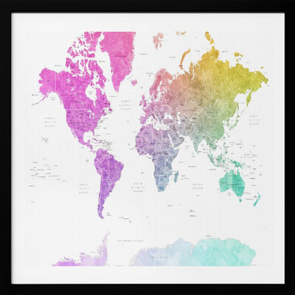 A framed art print of a world map featuring a colorful watercolor effect. The continents are painted in a rainbow gradient, transitioning from pink and purple in the Americas to yellow, green, and teal across Europe, Asia, Australia, and Antarctica, all set against a clean white background. Print