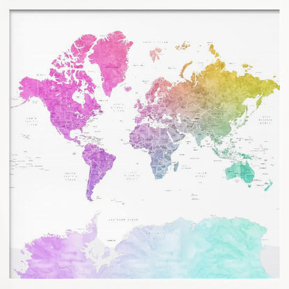 A framed art print of a world map featuring a colorful watercolor effect. The continents are painted in a rainbow gradient, transitioning from pink and purple in the Americas to yellow, green, and teal across Europe, Asia, Australia, and Antarctica, all set against a clean white background. Print