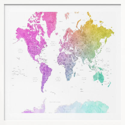 A framed art print of a world map featuring a colorful watercolor effect. The continents are painted in a rainbow gradient, transitioning from pink and purple in the Americas to yellow, green, and teal across Europe, Asia, Australia, and Antarctica, all set against a clean white background. Print