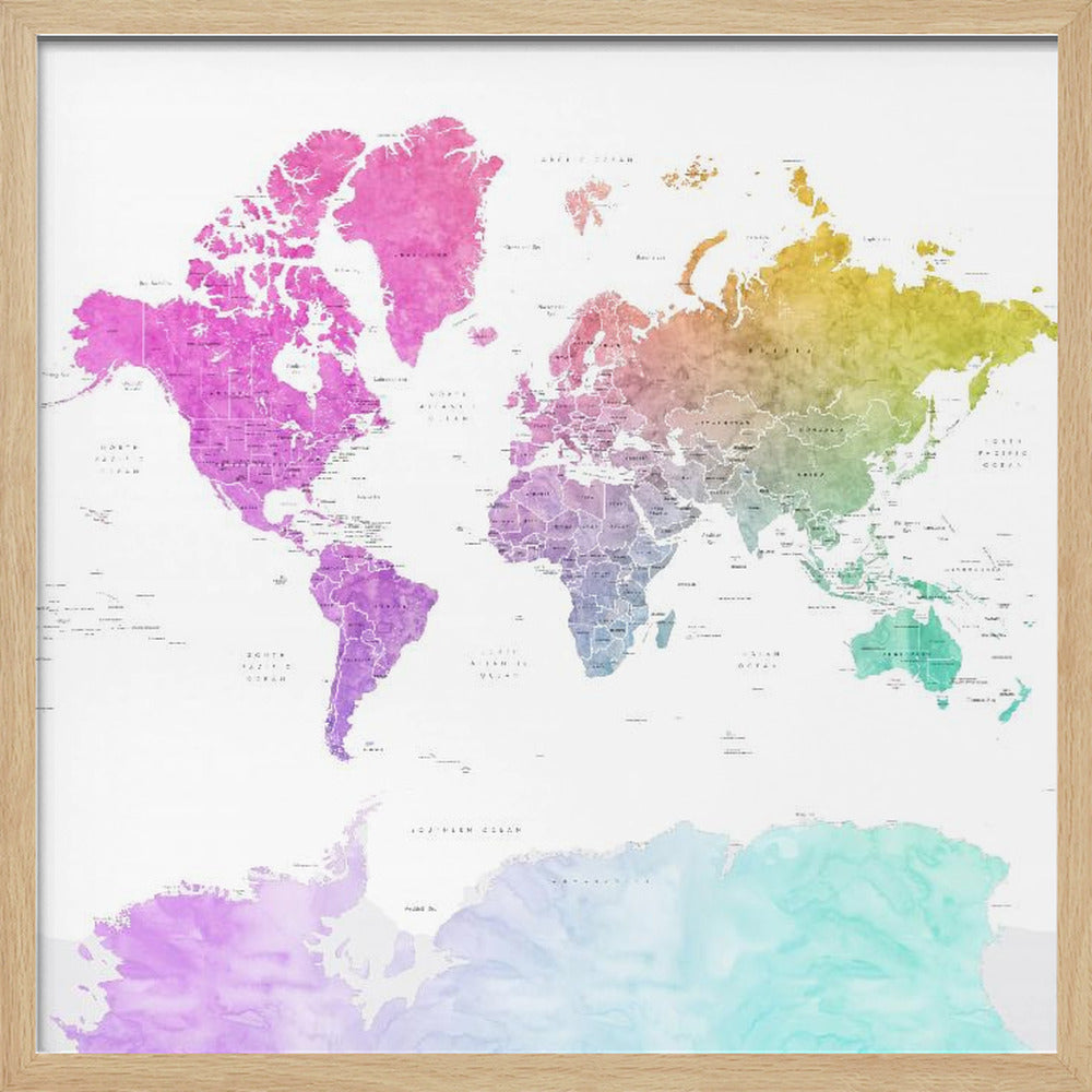 A framed art print of a world map featuring a colorful watercolor effect. The continents are painted in a rainbow gradient, transitioning from pink and purple in the Americas to yellow, green, and teal across Europe, Asia, Australia, and Antarctica, all set against a clean white background. Print