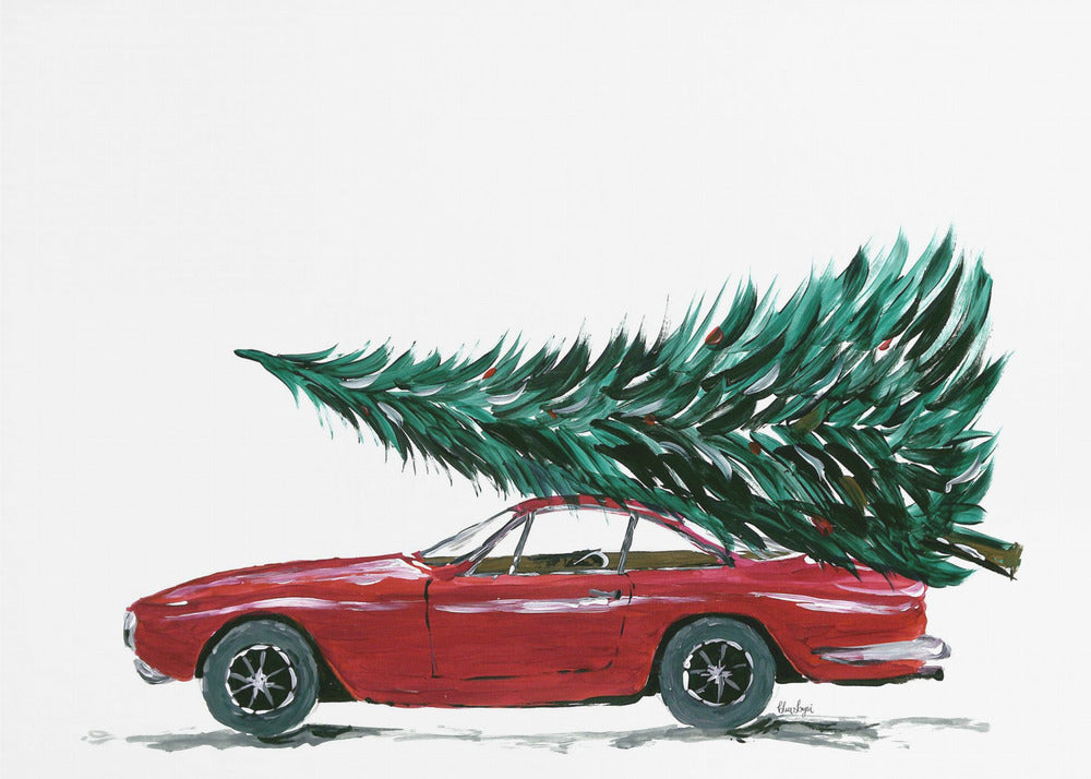 A festive painting of a vintage red sports car with a large green Christmas tree tied to its roof. The car is depicted in profile against a plain white background, and the artwork is displayed in a simple silver frame. Decor