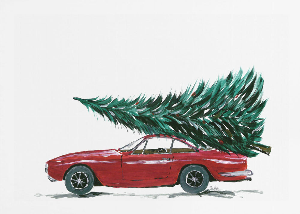 A festive painting of a vintage red sports car with a large green Christmas tree tied to its roof. The car is depicted in profile against a plain white background, and the artwork is displayed in a simple silver frame. Decor