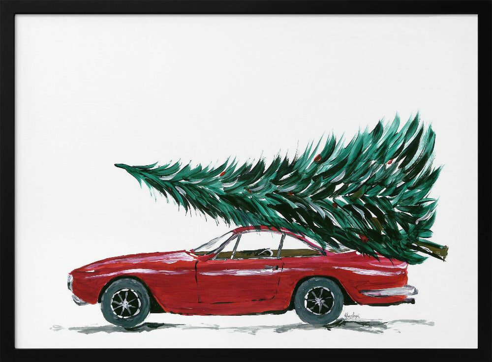 A festive painting of a vintage red sports car with a large green Christmas tree tied to its roof. The car is depicted in profile against a plain white background, and the artwork is displayed in a simple silver frame. Decor