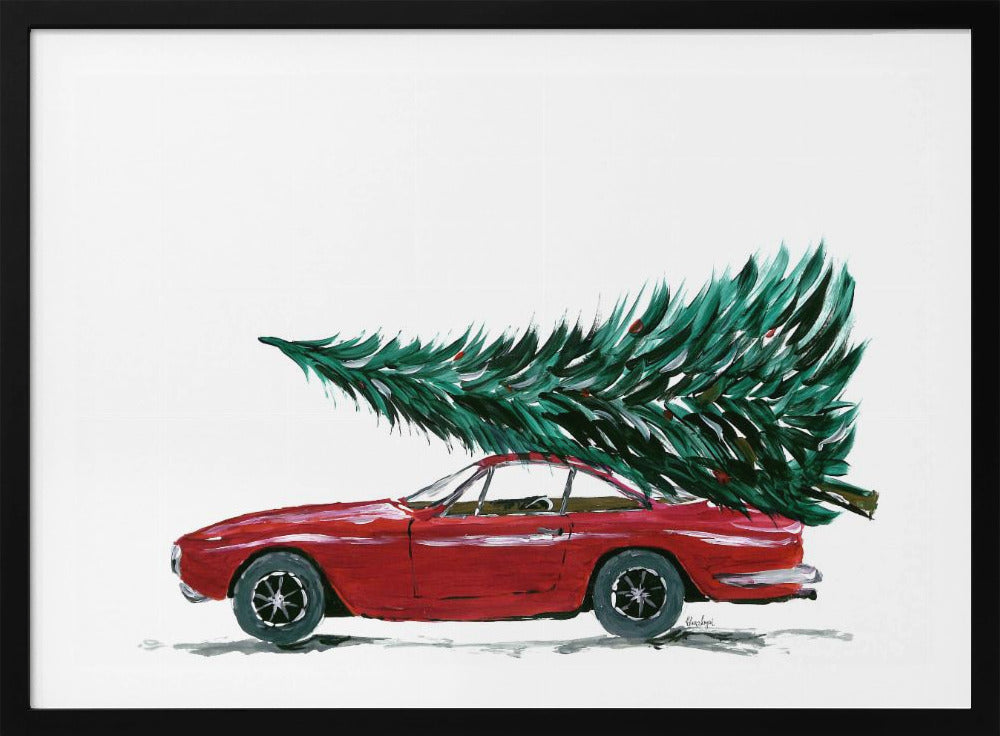 A festive painting of a vintage red sports car with a large green Christmas tree tied to its roof. The car is depicted in profile against a plain white background, and the artwork is displayed in a simple silver frame. Decor