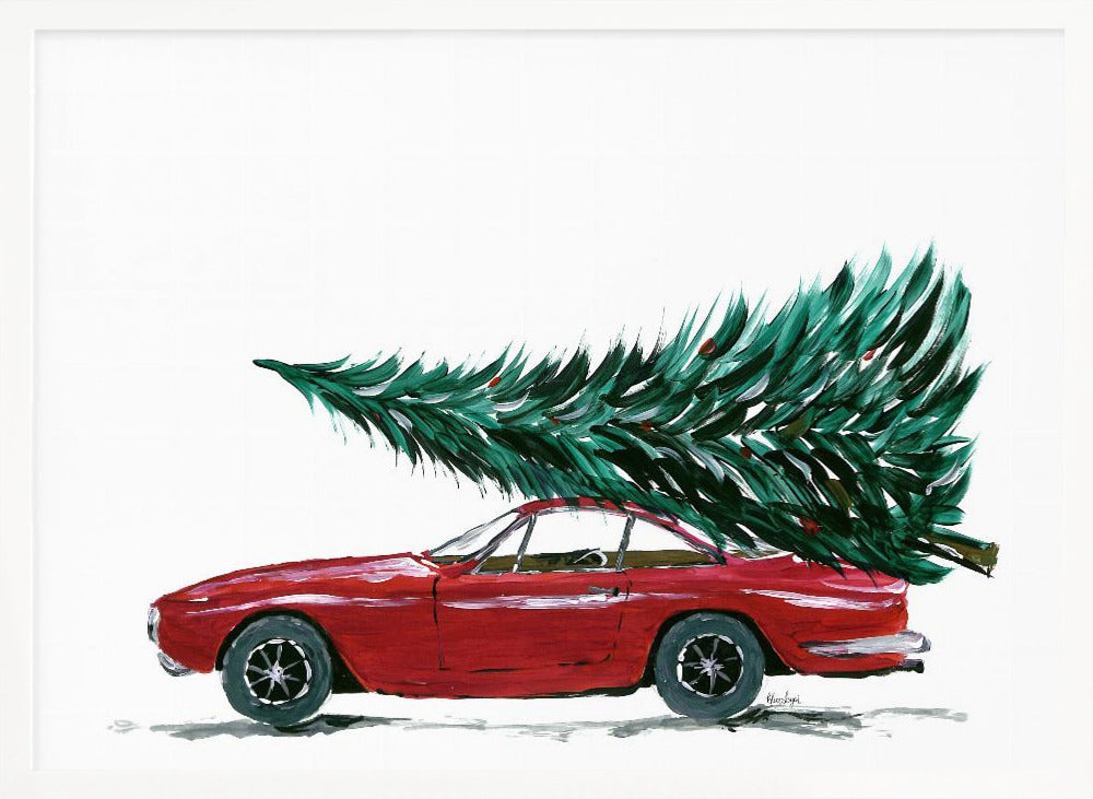 A festive painting of a vintage red sports car with a large green Christmas tree tied to its roof. The car is depicted in profile against a plain white background, and the artwork is displayed in a simple silver frame. Decor
