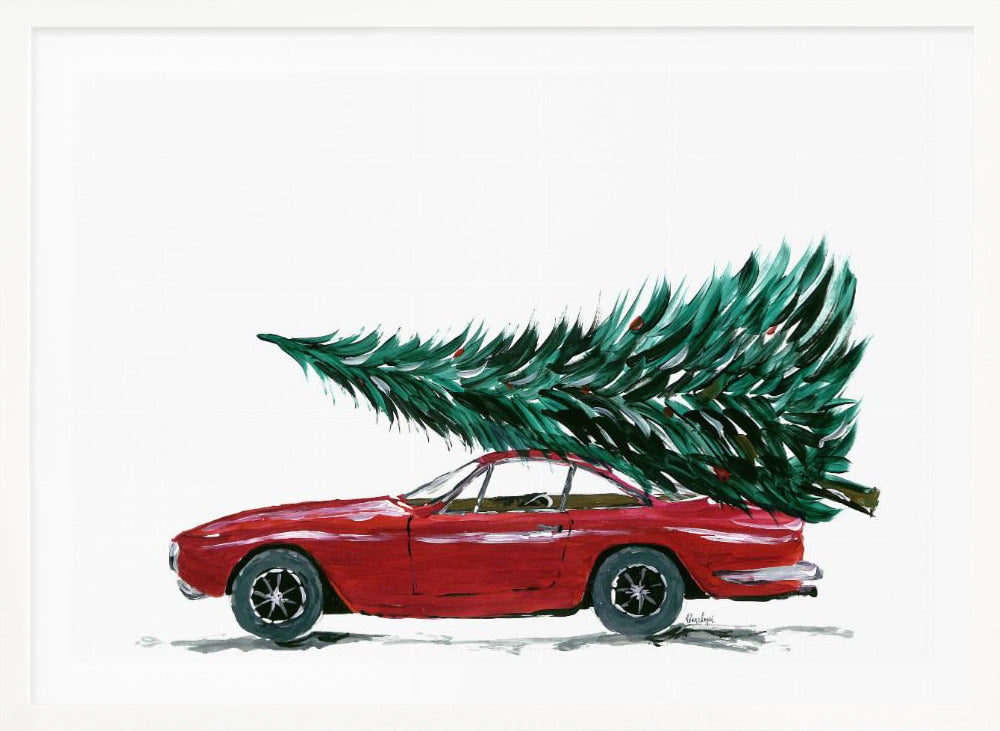 A festive painting of a vintage red sports car with a large green Christmas tree tied to its roof. The car is depicted in profile against a plain white background, and the artwork is displayed in a simple silver frame. Decor